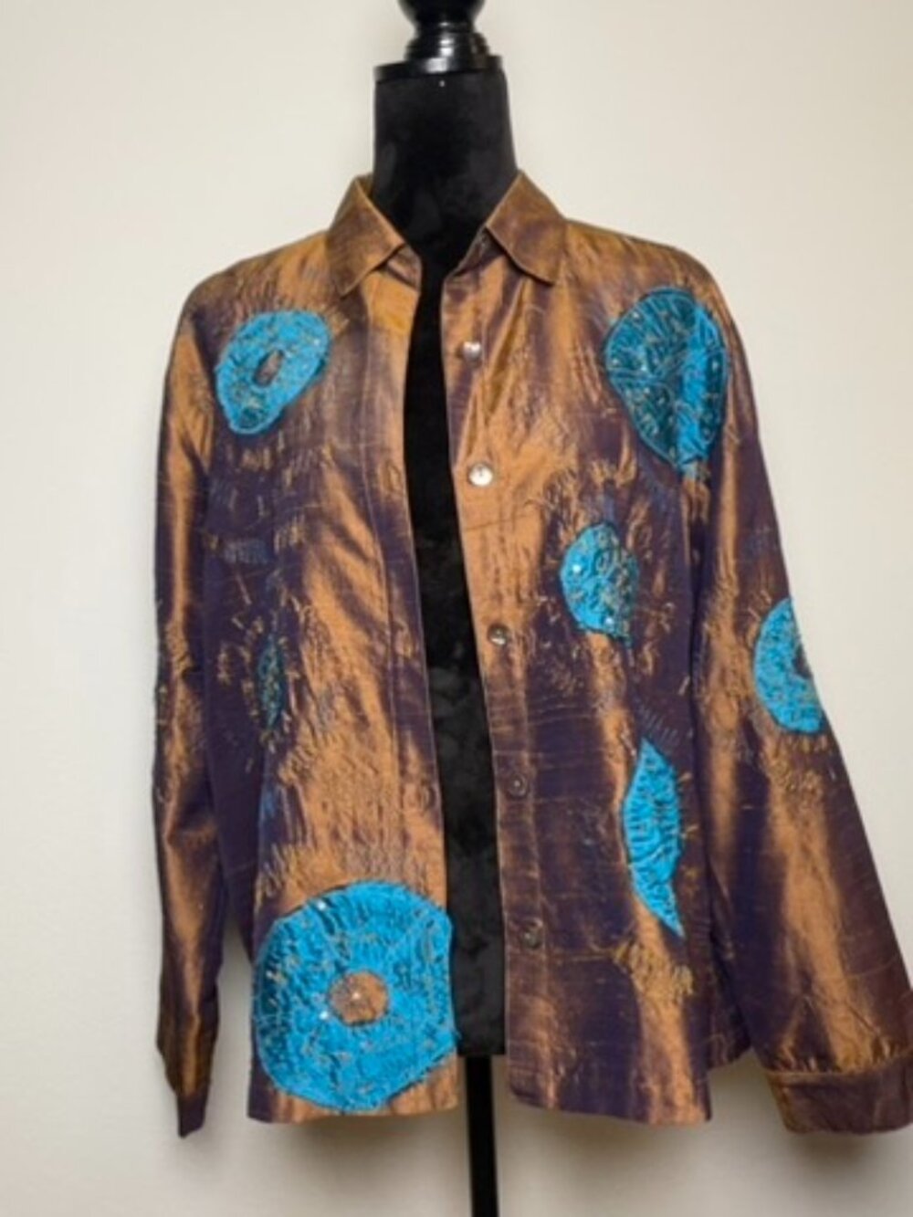 Bleu Bayou XL 100% Silk Jacket Gold Bronze Teal Applique Embroidered Shacket